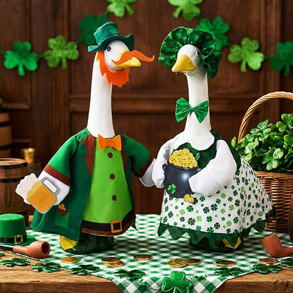 Abbylike 2 Sets St Patrick's Day Porch Goose Outfit Lucky Leprechaun Shamrock Goose Clothes Costume with Mini Black Candy Cauldron Clover for 23" Statue Saint Patty's Day Outdoor Patio Yard Lawn Decor