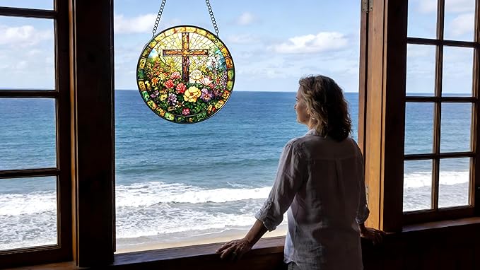 Funoasis Stained Glass Window Hanging 6.3 Inches Suncatcher - The Religious Atmosphere Imbued with A Pastoral Style Ornaments Sun Catcher Home Decor Women Birthday