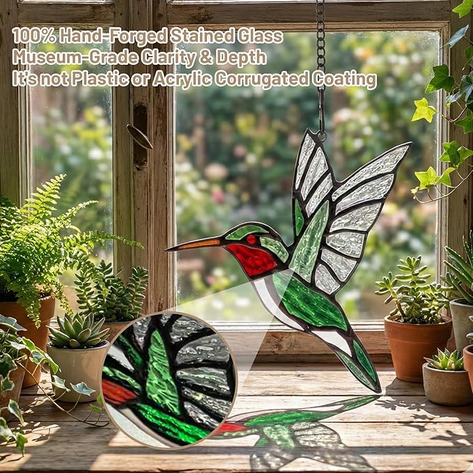 Hummingbird Suncatcher Decor,Handmade Stained Glass Window Hanging Ornament for Spring Summer Home Decor,Mother's Day Housewarming Gifts for Women Mom Birds Lovers