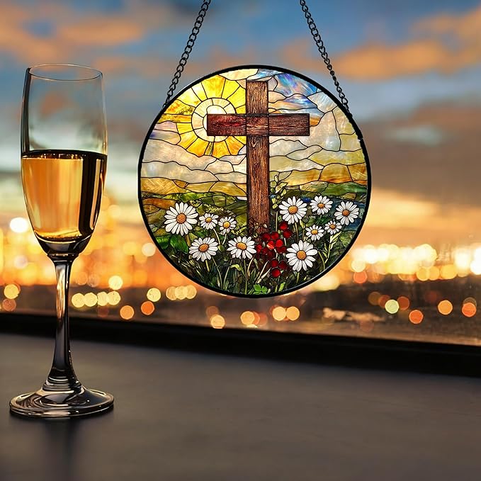 DASTOLL Christian Gifts for Women - Cross Stained Glass Window Hanging Easter Golden Sun Daisy Floral Sun Catcher Garden Religion Decor Mother's Day Catholic Gift for Men Grandma Nana Her 15"