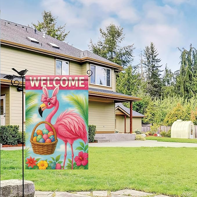 Spring Easter Garden Flag 12x18 Inch Flamingo Bunny Welcome Egg Basket Tropical Floral Design Outdoor Yard Porch Lawn Garden for Seasonal Farmhouse Home Decor