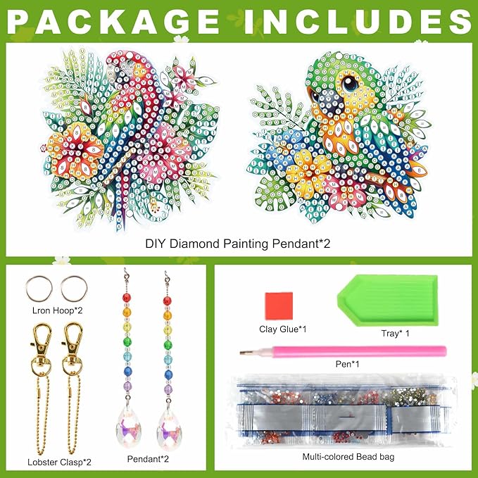 MVVMTOP 2pcs Diamond Art Painting Wind Chime with Crystal Pendant, DIY Parrot Double-Sided Design Special Shape Acrylic Crystal Diamond Ornament, Home Window Garden Hanging Pendant Decoration