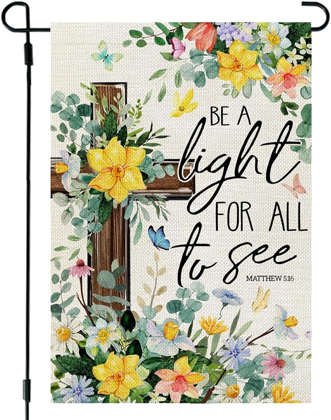 CROWNED BEAUTY Spring Garden Flag Floral Cross 12x18 Inch Double Sided Small Seasonal Holiday Religious Decoration for Outdoor Lawn Yard