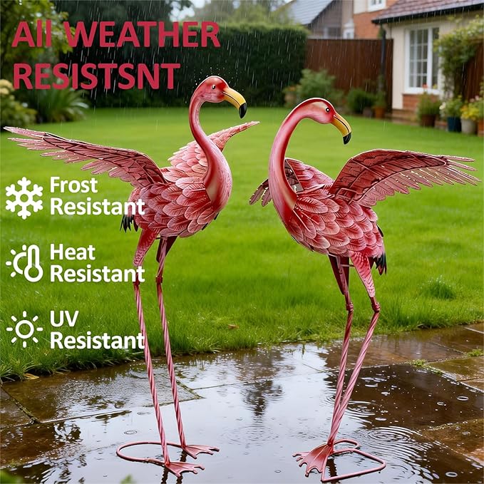 Natelf Pink Flamingo Yard Decorations, Tall Birds Garden Statues and Sculptures, Metal Lawn Art Ornaments for Outdoor Patio Backyard, Set of 2