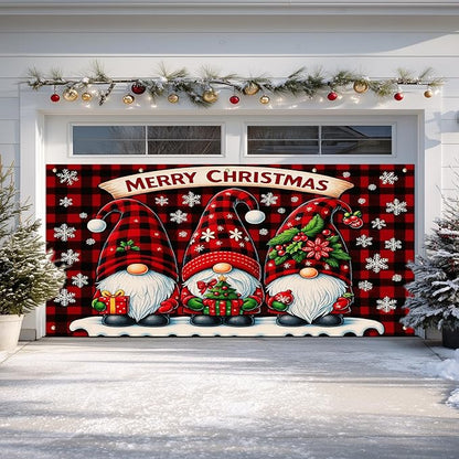 IVN Christmas Garage Door Cover Decoration 13x6ft Gnome Pattern Red Backdrop Gift Snowflakes and Stars Merry Christmas Garage Door Banner Home Door Front Yard Decor for Xmas Eve Holiday Outdoor