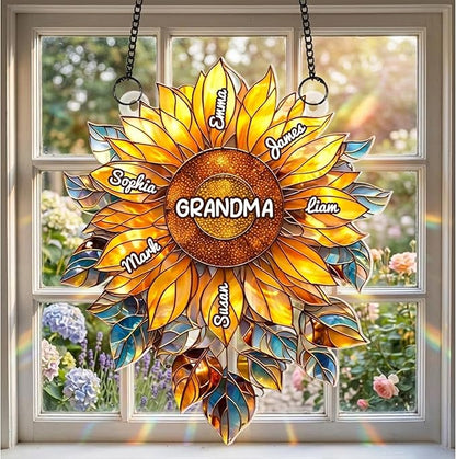 Personalized Grandma Sunflower Stained Glass Suncatcher, Custom Grandkids Names Window Hanging, Sunflower Ornament for Grandma, Window Decor Gift, Gift for Mother’s Day