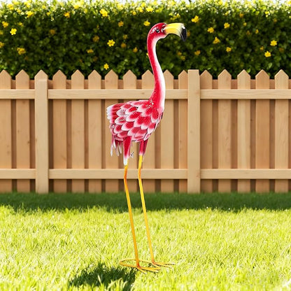 Flamingo Garden Metal Statues - Pink Flamingo Sculptures, Metal Birds Yard Art Outdoor Statue, Outdoor Backyard Decor, Patio, Porch, Lawn Ornament Large Iron Yard Decoration - 33 Inch