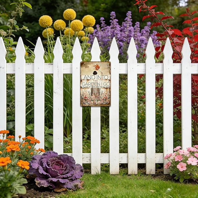 Garden Signs for Outside, Funny Metal Signs for Home Garden Patio Yard - and Into The Garden I Go, Vintage Gardening Gifts for Women, Wall Decor 12" x 8"