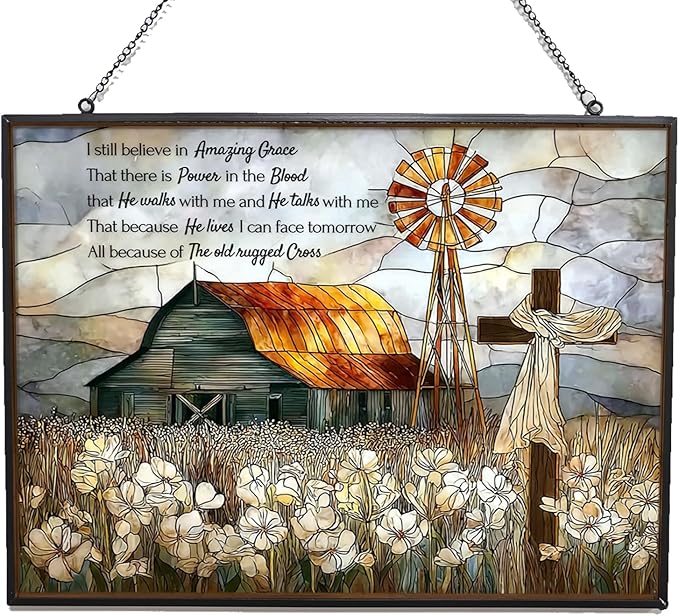 Personalized Rectangle Vintage Christian Grace Barn Cross Stained Glass Suncatcher Stained Glass Window Hangings Birthday Gift for Mom Grandma Teacher Women Friend Memorial Hook