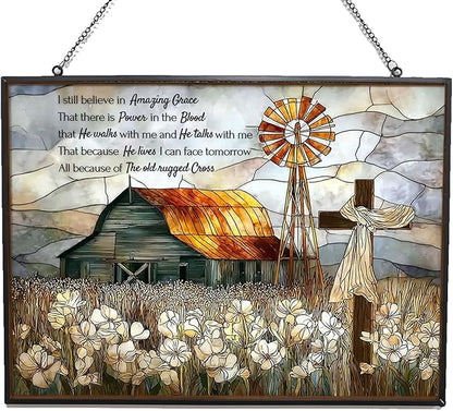 Personalized Rectangle Vintage Christian Grace Barn Cross Stained Glass Suncatcher Stained Glass Window Hangings Birthday Gift for Mom Grandma Teacher Women Friend Memorial Hook