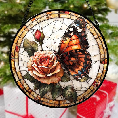 DASTOLL Stained Glass Window Hanging, Butterfly Picking Flowers Suncatcher for Doors Home Sun Catchers Decoration and Christmas, Mother's Day Birthday Gifts for Women, Men, and Mom 14.9x14.9 in