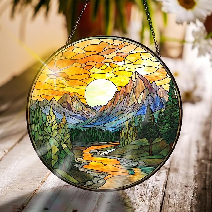 Bimkole Scenery Stained Glass Suncatcher Window Hanging - Rivers Indoor Window or Doorway Decoration - Handmade Sun Catcher Decor for Garden Home Christmas & Birthday Gifts 7.87x7.87 inch