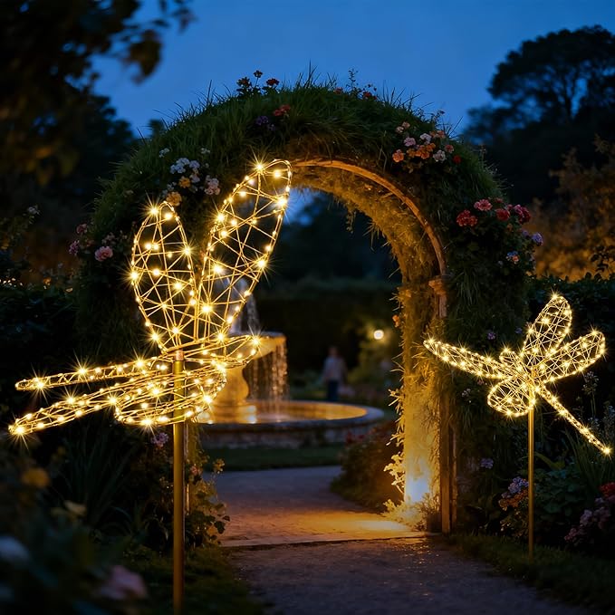 Lomotech Solar Garden Lights - 18" 240 Leds Foldable Outdoor Dragonfly Garden Decor, Waterproof Larger Outdoor Solar Lights with Iron for Garden Patio Yard Lawn Pathway Decorations (Warm White)