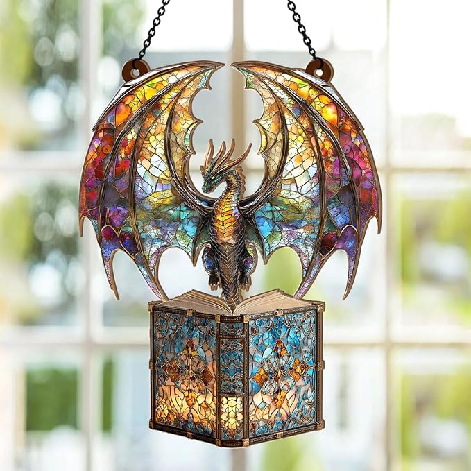 Jesuspirit - Window Hanging Suncatcher – Crystal Clear Acrylic & Wood Sun Catcher for Home Decor, for Women (I Am A Book Dragon, 6 Inches)