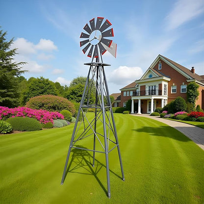Metal Windmill for Garden Yard Decor, 8ft Tall Windmill Pinwheels Outdoor with Spinning Blades, Weather Vanes Lawn Ornaments, Weather-Resistant, Grey
