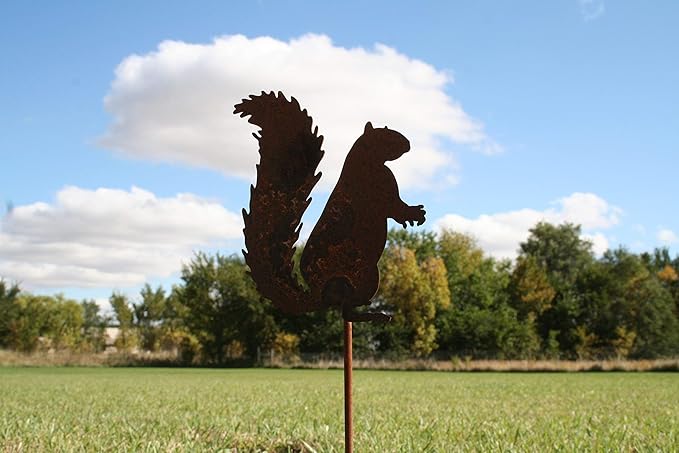 Animal Wildlife Style Steel Rustic or Powder Coated Metal Yard Stake (Squirrel 20" Tall Including Stake, Naturally Rusted)