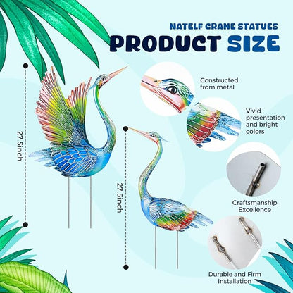 Suzile 2 Pack Garden Crane Statues Outdoor Heron Garden Animal Sculpture Metal Large Birds Lawn Sculptures and Statues for Patio Pond Patio Porch Outside Decorations