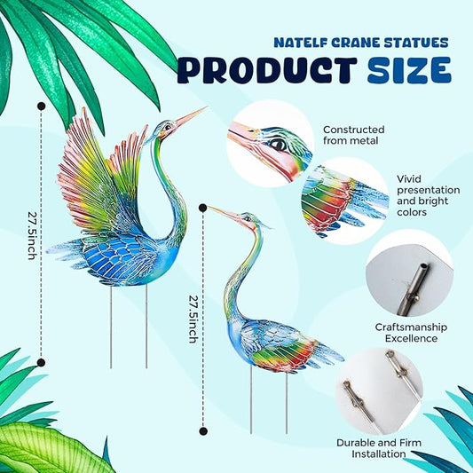 Suzile 2 Pack Garden Crane Statues Outdoor Heron Garden Animal Sculpture Metal Large Birds Lawn Sculptures and Statues for Patio Pond Patio Porch Outside Decorations