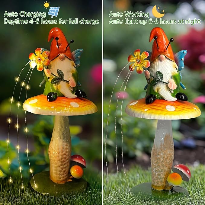 HONGLAND Solar Garden Gnome Figurine, Waterproof Outdoor Mushroom Decor with Solar Outdoor Lights for Yard, Patio, Lawn Ornaments, Ideal Gifts for Mom Grandma Women, Housewarming Gifts-16.5"