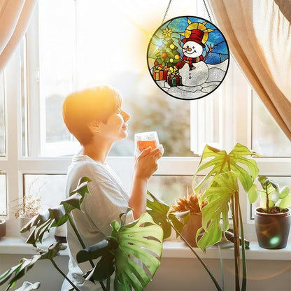 Bimkole Snowman Stained Glass Suncatcher Window Hanging - Christmas Tree Indoor Window or Doorway Decoration - Handmade Sun Catcher Decor for Garden Home Christmas & Birthday Gifts 7.87x7.87 Inch