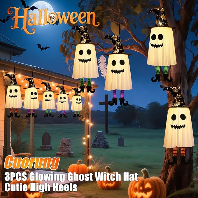 3 Packs Halloween Decorations Outdoor, Hanging Ghosts String Lights Halloween Decor, Spooky Cute Glowing Ghost Witch Hat Lights 3 Modes for Patio Yard Front Porch Tree House Party(18 Batteries)