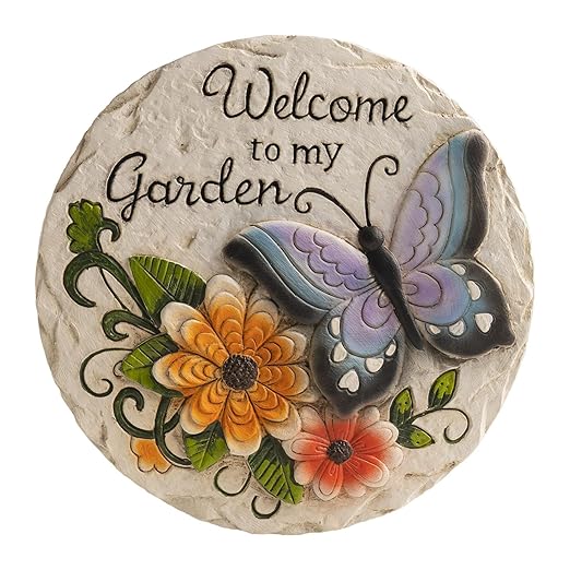 Garden Stepping Stones Outdoor Butterfly Step Stones for Walkway Gardening Gifts Welcome to My Garden Decorative Round Concrete Stones for Outside Yard Stone