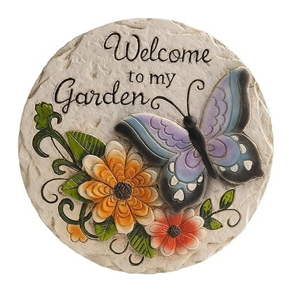 Garden Stepping Stones Outdoor Butterfly Step Stones for Walkway Gardening Gifts Welcome to My Garden Decorative Round Concrete Stones for Outside Yard Stone