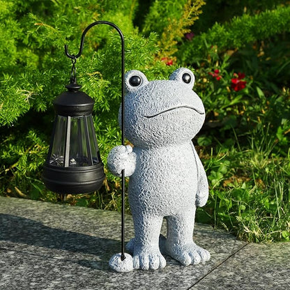 PAETAE Garden Statue Frog Outdoor Decor, Solar Patio Garden Sculptures & Statues, Resin Decor Gift for Women, Mom, Grandma, Stone