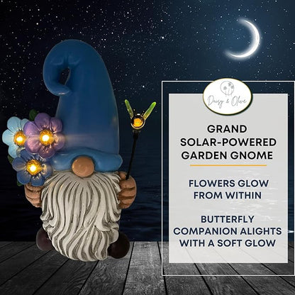 Daisy & Olive Garden Gnome | Large Solar Powered Garden Gnome Statue | Flower & Bee Lights Up | Auto On-Off | Garden Gnome for Yard | Unique Housewarming Gifts