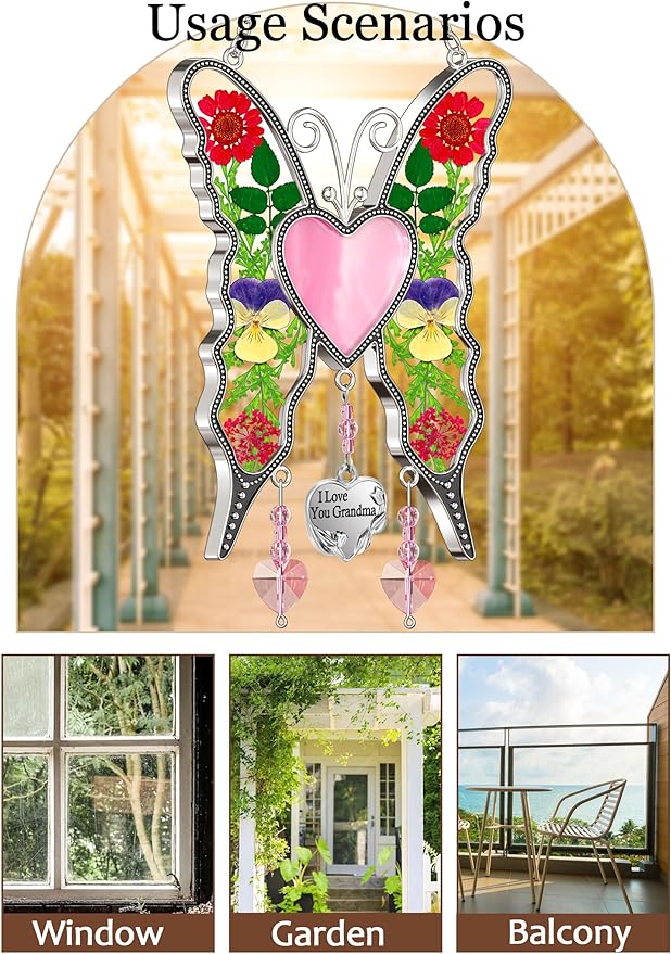 KY&BOSAM Heart Butterfly Suncatcher I Love You Grandma Stained Glass Panels Pink Heart for Windows Wind Chimes Metal Engraved Charm Gifts for Grandma Mothers Day Valentine's Birthday Christmas