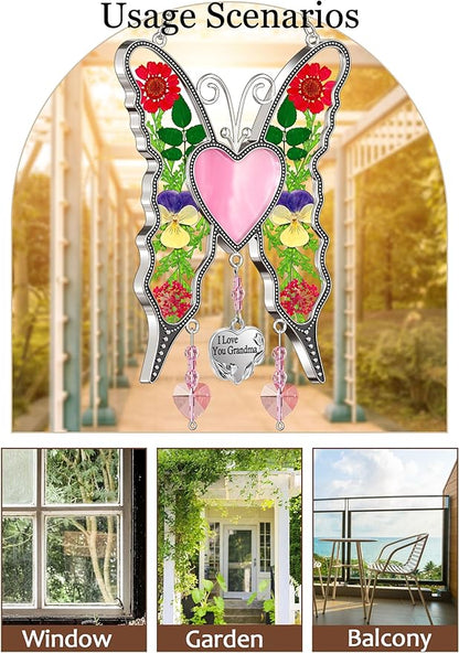 KY&BOSAM Heart Butterfly Suncatcher I Love You Grandma Stained Glass Panels Pink Heart for Windows Wind Chimes Metal Engraved Charm Gifts for Grandma Mothers Day Valentine's Birthday Christmas