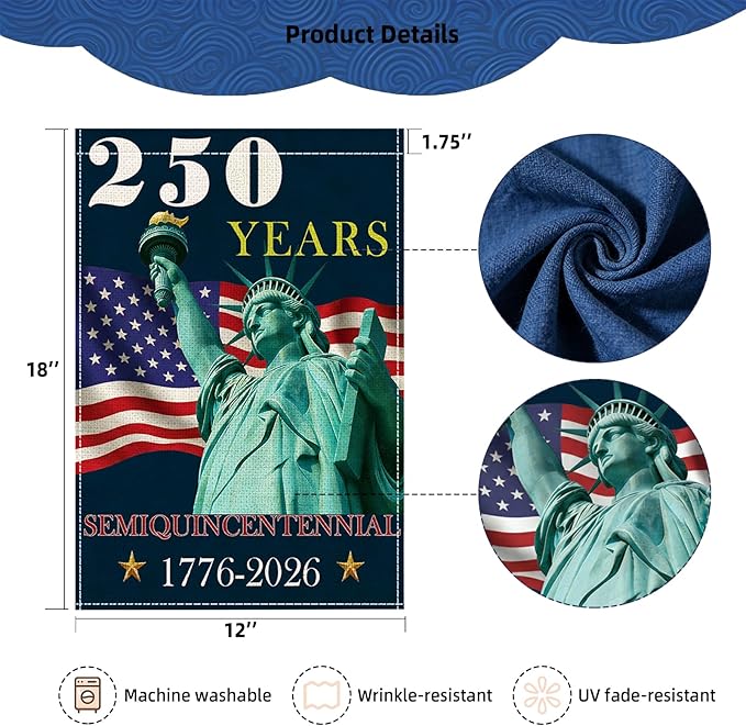 250 Years America Garden Flag, Double Sided 12x18 Patriotic Banner, Statue of Liberty, 1776-2026 US Semiquincentennial Yard Decor