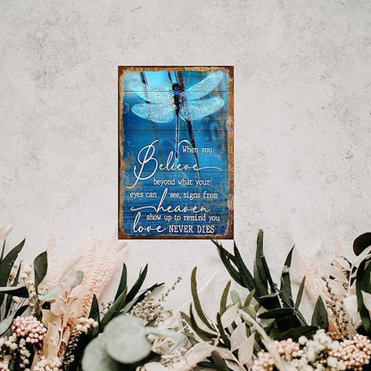 Dragonfly Tin Sign Metal Poster Vintage, Love never Dies, Wall Art Decor Gifts for Home Bar Kitchen Restaurant Bedroom Garden Plaque 8x12 Inch