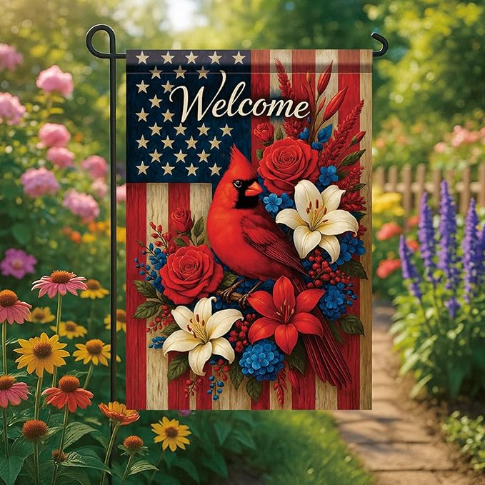Spring Summer Garden Flag 12x18 Inch Patriotic Cardinal Welcome American Outdoor Floral Bird Design Outdoor Yard Porch Lawn for Seasonal Americana Farmhouse Home Decor