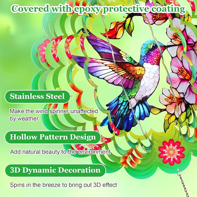 FACIACC Wind Spinners Outdoor,Hummingbird Metal 3D Hanging Garden Decor, 12-inch Stainless Steel Wind Spinner with Tail Spinner, Wind Sculptures for Indoor Patio Lawn Yard, Ornament Gift for Women/Men