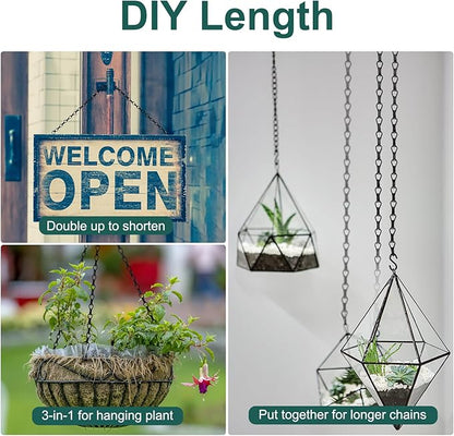 6PCS Hanging Chains with S Hooks, 24.2IN Long Chains with Clips, Adjustable Black Metal Chains Hanger for Plant, Sign, Bird Feeder, Wind Chime