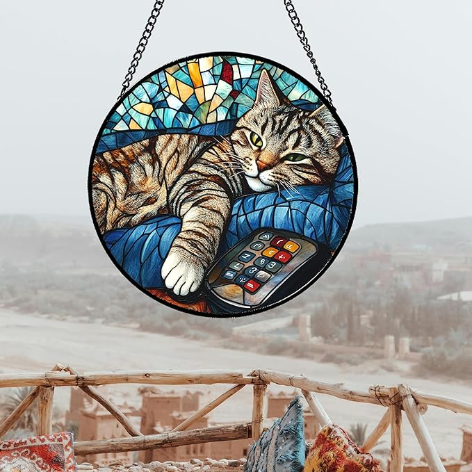 DASTOLL Stained Glass Window Hanging Gray Cat and Remote Control 6.3" - Suncatcher Door Garden Kitchen Sun Catcher Home Decor Birthday for Lost Pets Mom Men Woman Friend Grandma