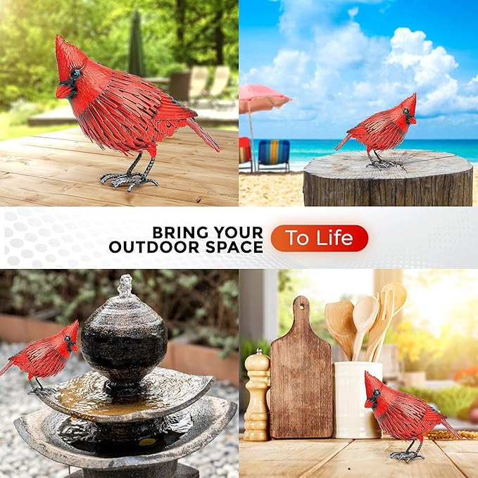 Cardinal Statue Metal Bird Garden Decor - Metal Yard Art - Outdoor Sculptures & Statues - Large Red Bird - Ornaments for Patio Balcony - Sympathy Gift