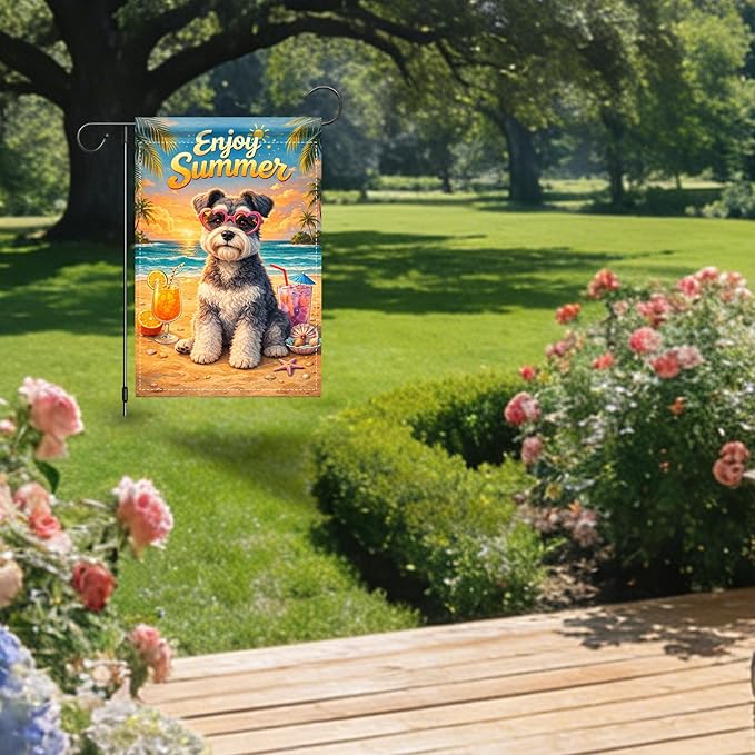 Nuxovilar Summer Garden Flag Enjoy Summer Dog Heart Glasses Sunset Pattern Polyester 12x18 Inches Garden Flags for Outside Seaside Decor Yard Porch