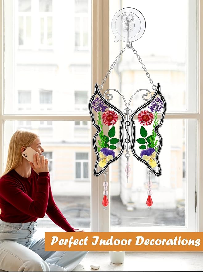 KY&BOSAM Butterfly Suncatchers DIY Stained Glass Suncatcher for Windows Ornament Wind Chime with Pressed Flower Embedded in Glass Birthday Gifts for Mom Mother`s Valentine's Day