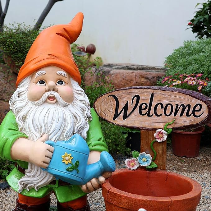 Gnome Garden Statue Planter with Welcome Sign, Waterproof Outdoor Resin Flower Pot, Yard Lawn Patio Decor, Front Porch Ornament Housewarming Gift(Orange Hat Gnome)