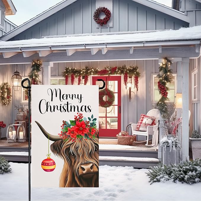 Merry Christmas Garden Flag Highland Cow with Santa Ball Premium Yard Flags Red Holly Flowers Double Sided House Banners Xmas Cows Seasonal Happy Holiday Farmhouse Banner 12x18 Inch