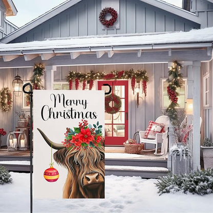 Merry Christmas Garden Flag Highland Cow with Santa Ball Premium Yard Flags Red Holly Flowers Double Sided House Banners Xmas Cows Seasonal Happy Holiday Farmhouse Banner 12x18 Inch