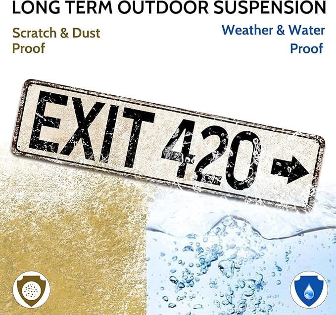 Vintage Metal Tin Sign for Trippy Room Decor, Retro Exit 420 Street Signs Cool Grunge Accessories and Outdoor Decorations 4x16 Inch