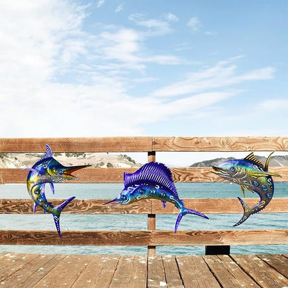 Metal Fish Wall Art Decor, 3-Piece Marlin Tuna Swordfish Set, Blue and Gold Tropical Ocean Theme Outdoor Wall Mother's Day Decor for Patio Garden Yard, Decorative Hanging Sculptures Mother's Day Decoration Gift