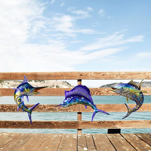 Metal Fish Wall Art Decor, 3-Piece Marlin Tuna Swordfish Set, Blue and Gold Tropical Ocean Theme Outdoor Wall Mother's Day Decor for Patio Garden Yard, Decorative Hanging Sculptures Mother's Day Decoration Gift