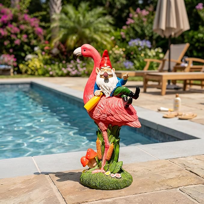 Candieslife Funny Garden Gnome Riding Flamingo Statue - Solar Powered LED Light Up Yard Art, Weatherproof Outdoor Lawn Ornament Decor for Patio Porch Lawn, Housewarming Birthday Gift for Men Women