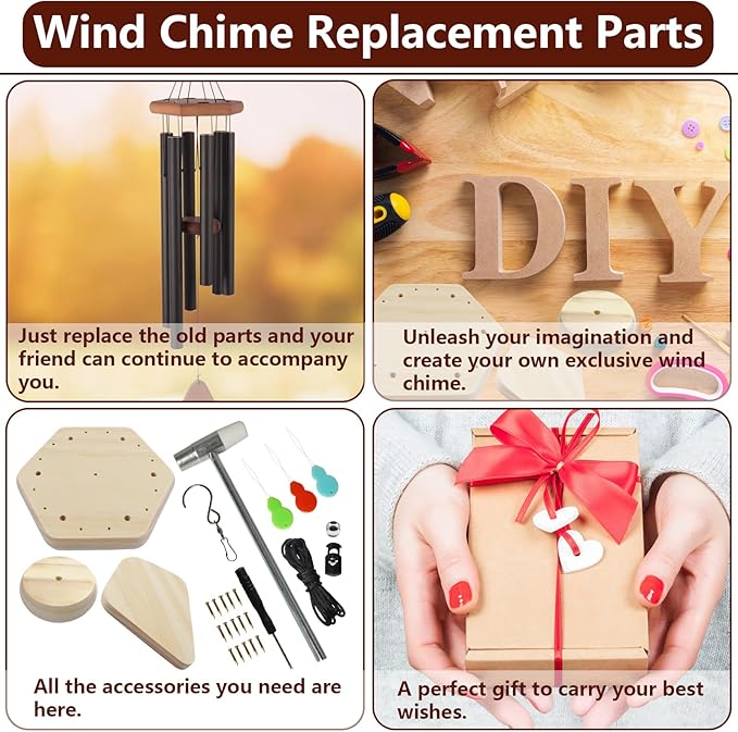 Wind Chime Kit 28 PCS Wind Chime Replacement Parts Including Hexagon Top, Clapper, Wind Catcher, 19.6FT Nylon Cord, DIY Wood Windchime Supplies (Wood)