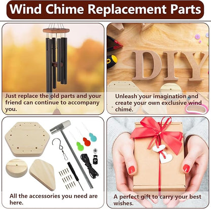 Wind Chime Kit 28 PCS Wind Chime Replacement Parts Including Hexagon Top, Clapper, Wind Catcher, 19.6FT Nylon Cord, DIY Wood Windchime Supplies (Wood)