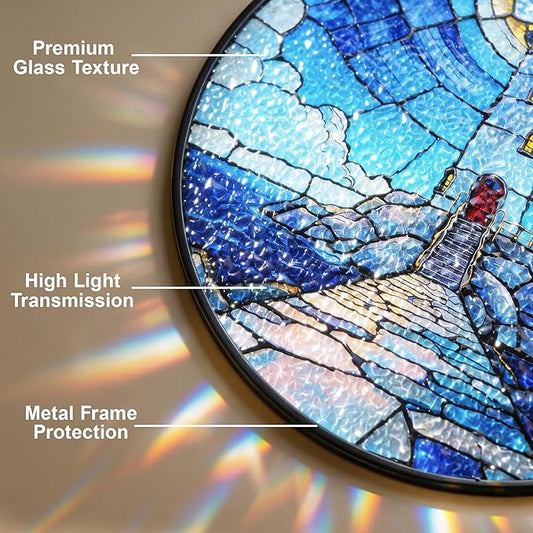 Stained Glass Window Hanging Suncatchers with American White a Serene Lighthouse 12.6", Vibrant Glass Panel with Metal Chain for Home Decor Gift for Women Mother's Day, Birthday, Men, and Mom